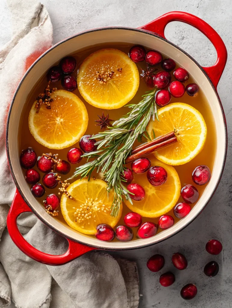 An overhead view of a red cast iron pot filled with a simmering liquid, orange slices, cranberries, cinnamon sticks, and rosemary.