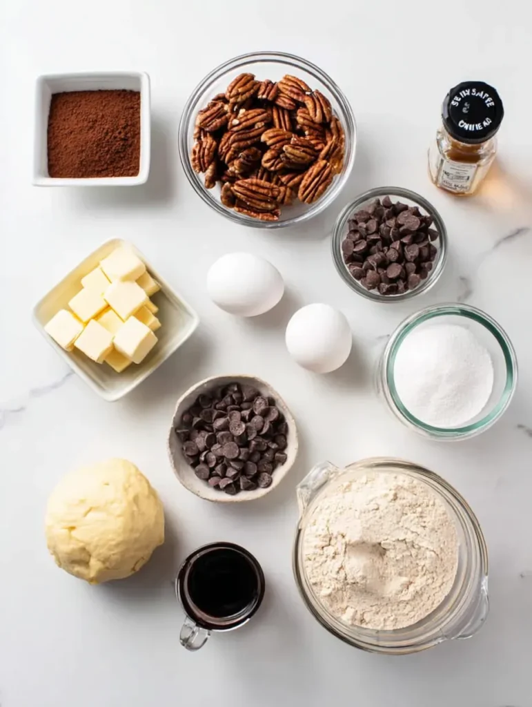 Overhead view of various baking ingredients including chopped pecans, brown sugar, butter, and water on a marble surface.