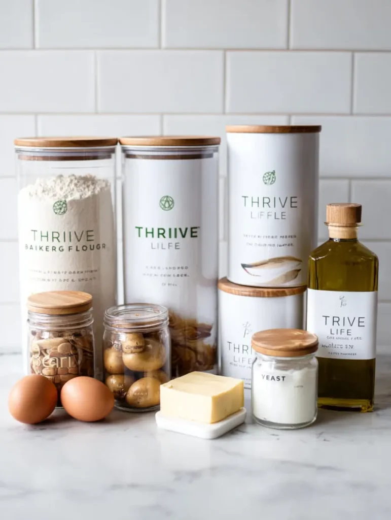 Baking ingredients including flour, sugar, salt, yeast, olive oil, eggs, and butter neatly arranged on a white marble counter against a subway tile background.