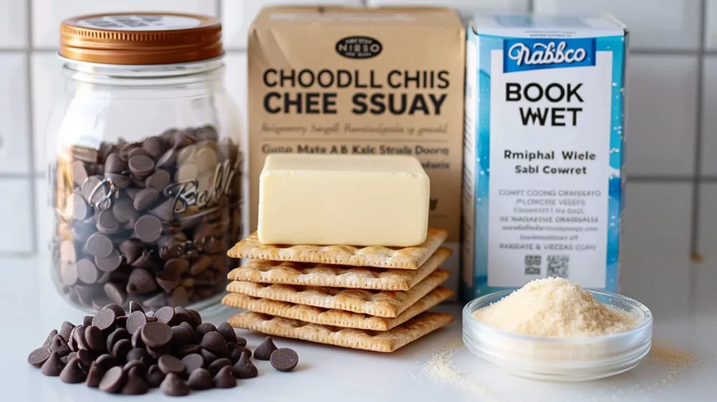 Arrangement of baking ingredients: chocolate chips, butter, a box of Nabisco Premium Crackers, and brown sugar on a white counter.