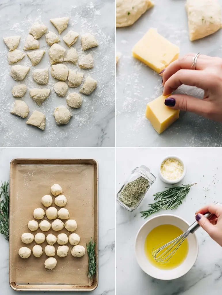 Four-panel image showing steps to make cheesy garlic bread: raw dough, stuffing dough with cheese, arranging dough in a tree shape on a baking sheet, and whisking an oil-herb mixture.