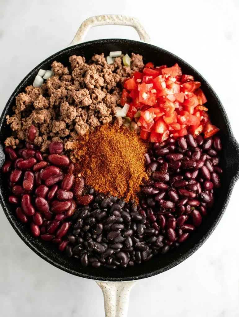 An overhead view of a black cast iron skillet filled with neatly divided ingredients for chili, including ground beef, diced tomatoes, kidney beans, black beans, and chili powder, all on a bright white surface.
