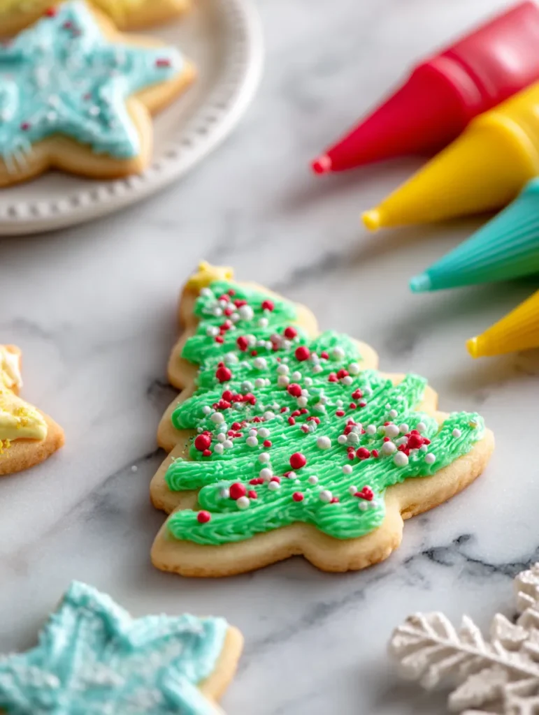 A decorated Christmas tree cookie with colorful icing bags on a white marble surface, creating a festive baking scene.
