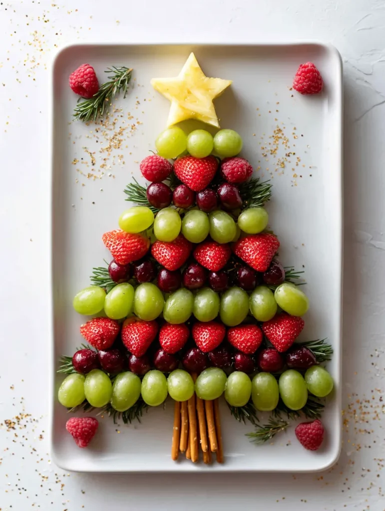 A festive Christmas tree fruit platter with green grapes, red strawberries, and raspberries, topped with a pineapple star and pretzel trunk on a white tray.