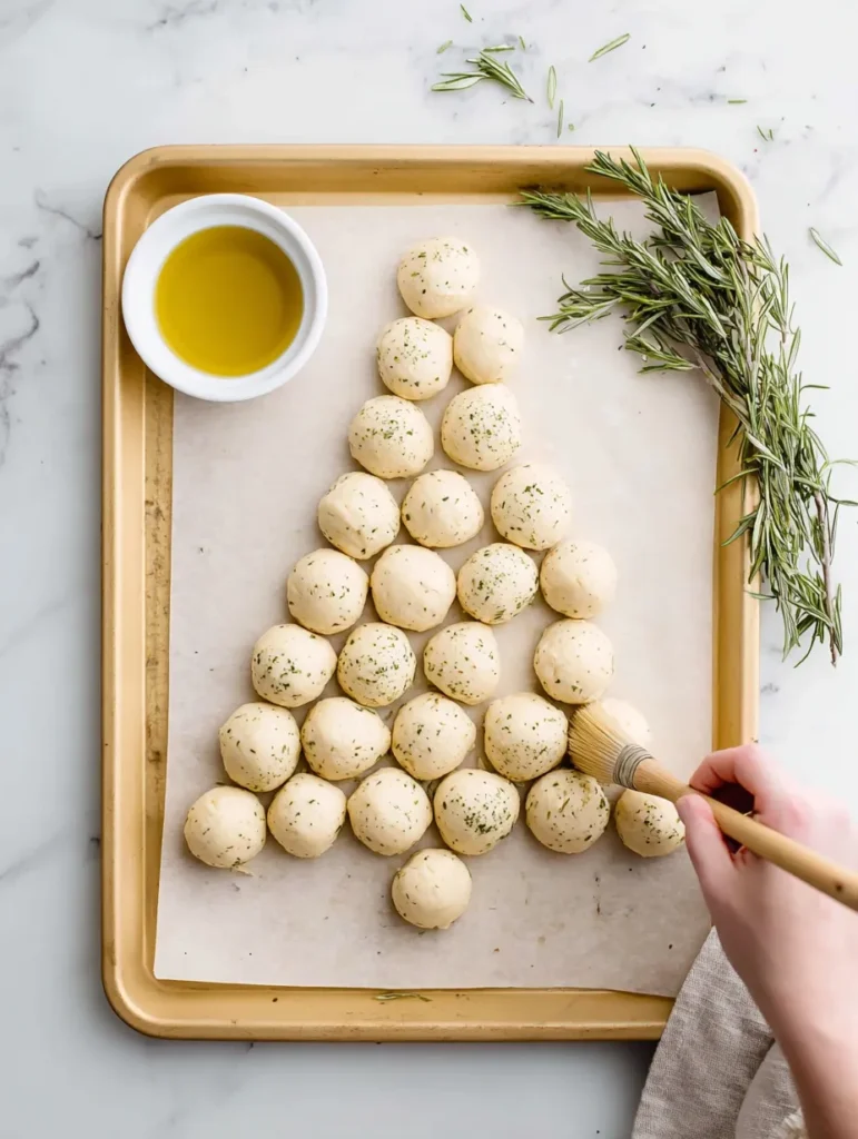 An overhead shot of unbaked dough balls arranged as a Christmas tree on a baking sheet, being brushed with herb oil.