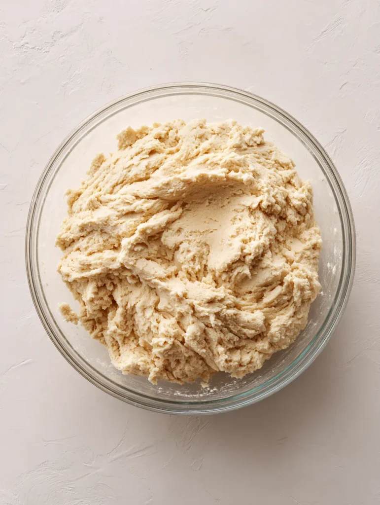 Overhead view of light beige cookie dough with a soft, lumpy texture in a clear glass bowl on a white marble surface.