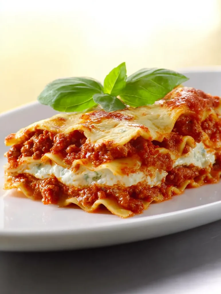 A close-up of a serving of lasagna on a white plate, topped with rich red sauce, ground meat, and a fresh basil leaf.