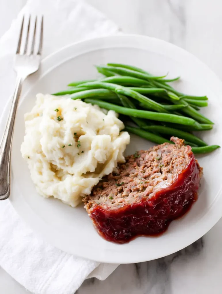 A serving of glazed meatloaf, creamy mashed potatoes, and vibrant green beans on a white plate.