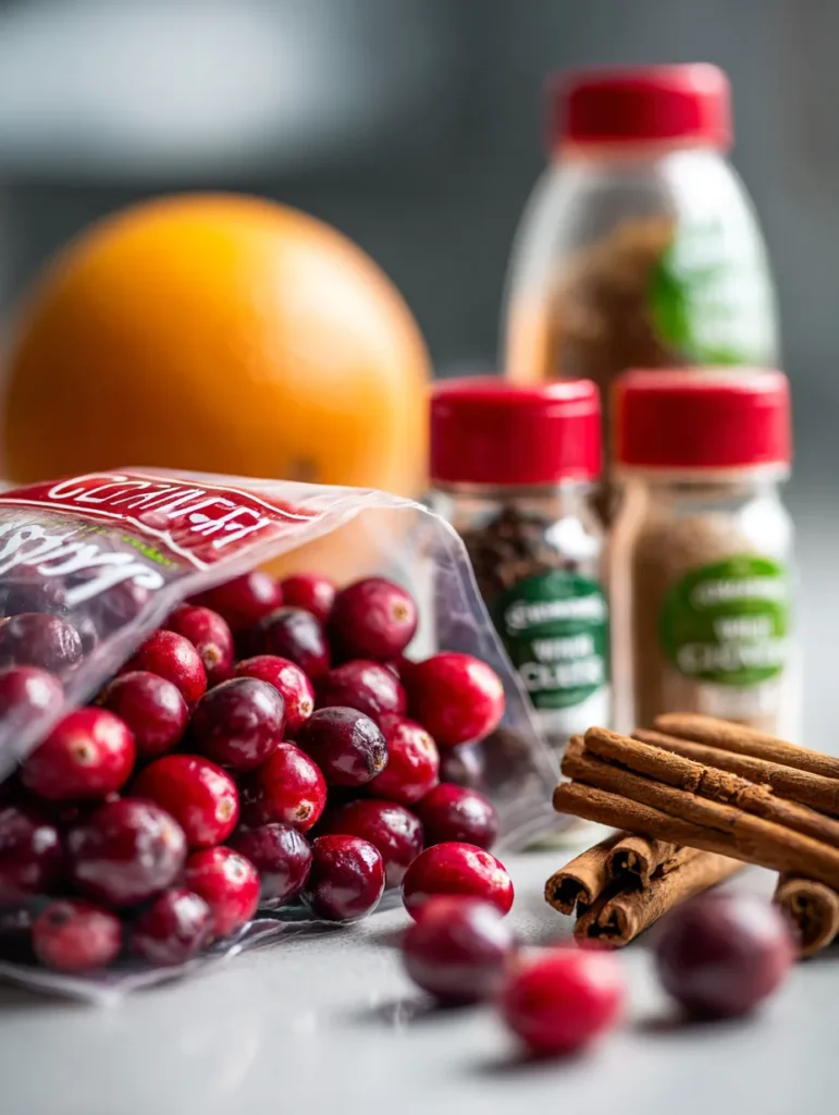 A close-up of cranberries, ground nutmeg, whole cloves, an orange, and cinnamon sticks on a white counter, ready for holiday cooking.