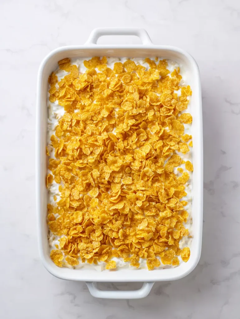 An overhead shot of a white rectangular baking dish filled with a creamy casserole topped with golden cornflakes on a white background.