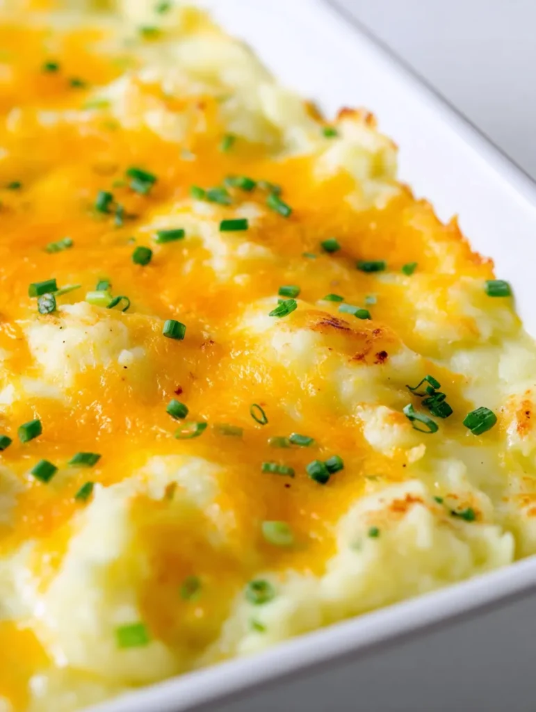A close-up overhead image of cheesy mashed potatoes in a white baking dish, topped with melted cheddar and green chives.