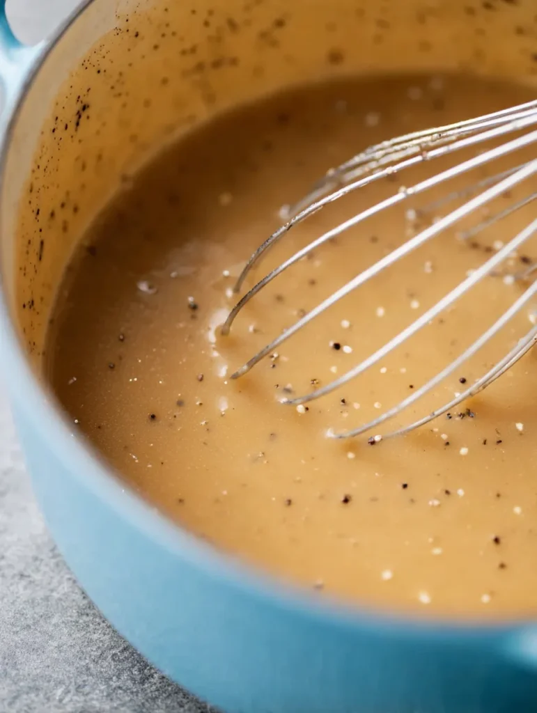 Close-up of a wire whisk stirring creamy, light brown gravy with black pepper in a blue pot.