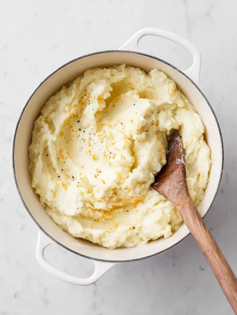 Creamy mashed potatoes with cheese and black pepper in a white Dutch oven, stirred by a wooden spoon on a marble counter.