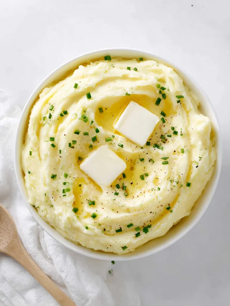Creamy, light yellow mashed potatoes in a white bowl, topped with two melting pats of butter, black pepper, and fresh chives. A wooden spoon and white linen are visible on a white background.