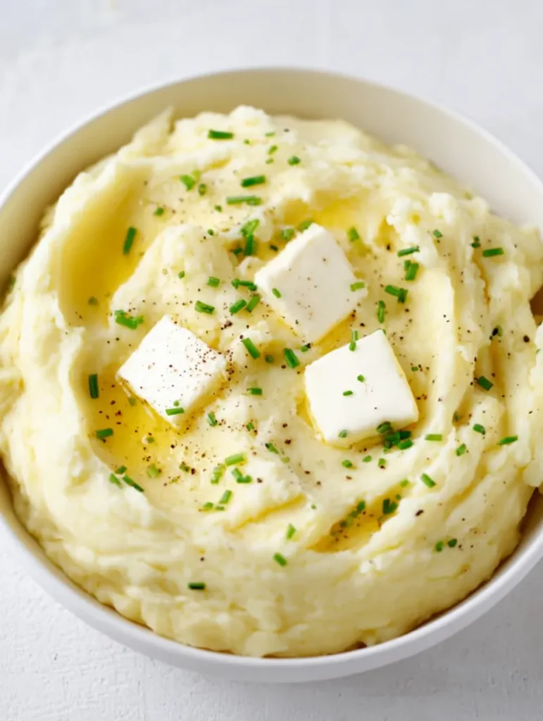 A close-up, top-down view of fluffy mashed potatoes in a white bowl, topped with melting butter and fresh chives.