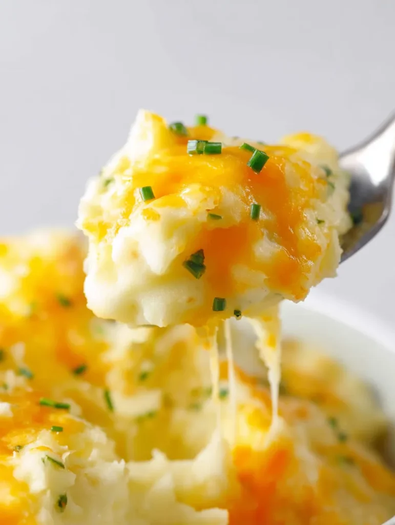 A close-up shot of creamy mashed potatoes generously topped with melted, golden-orange cheddar cheese, with a spoonful lifting a stretchy cheese pull, garnished with fresh green chives against a bright white background.