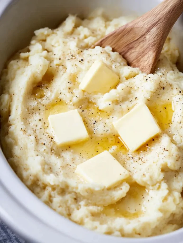 Close-up of creamy mashed potatoes with melting butter pats and a wooden spoon in a white slow cooker.