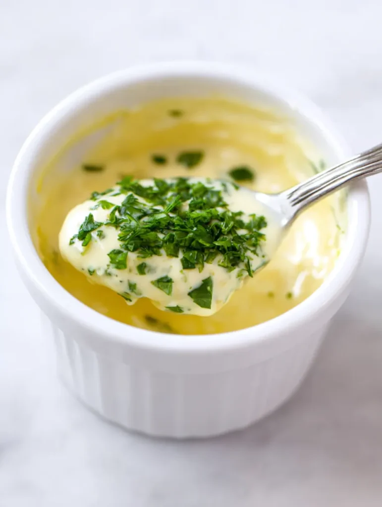 A white ramekin filled with a creamy, pale yellow sauce, garnished with fresh green chopped parsley, and a silver spoon dipping into it.