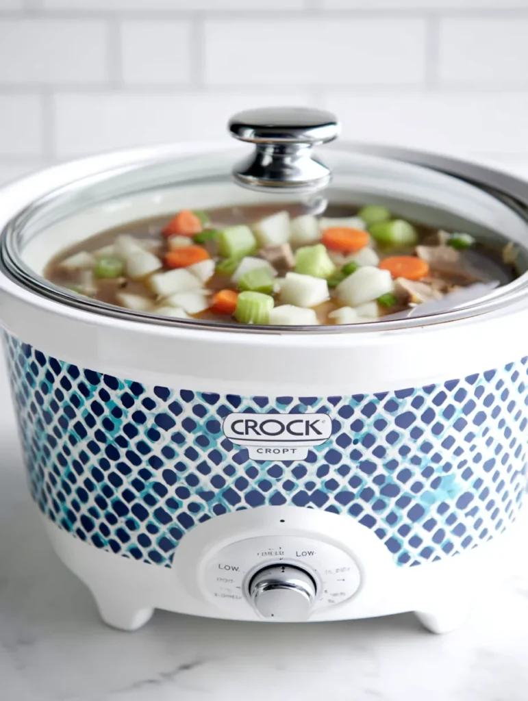 A white Crock-Pot slow cooker with a blue patterned exterior, filled with raw stew ingredients under a clear glass lid.