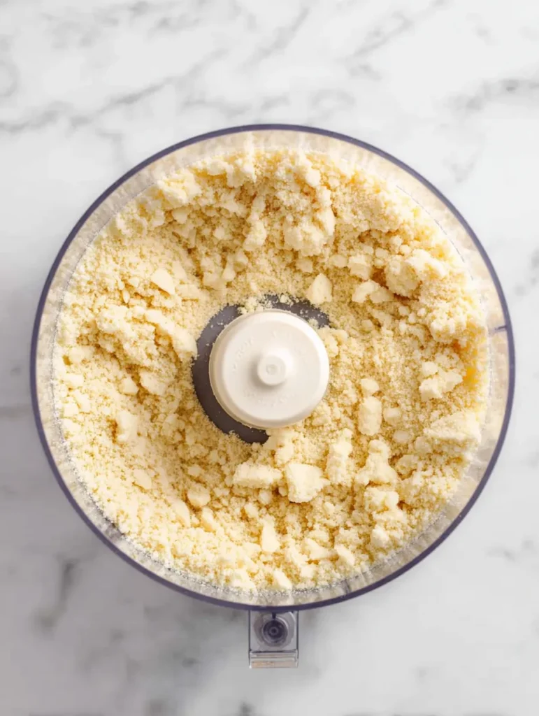 Overhead view of pale yellow crumble mixture in a clear food processor on a white marble surface, ready for baking.