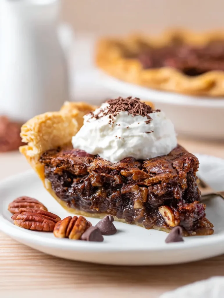 A delicious slice of chocolate pecan pie with whipped cream and chocolate shavings on a white plate.