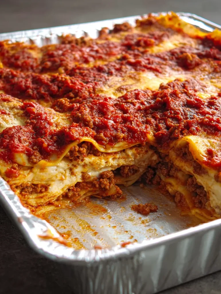 A close-up shot of a homemade lasagna in a silver foil pan, rich with red sauce, cheese, and meat layers. A section has been served.