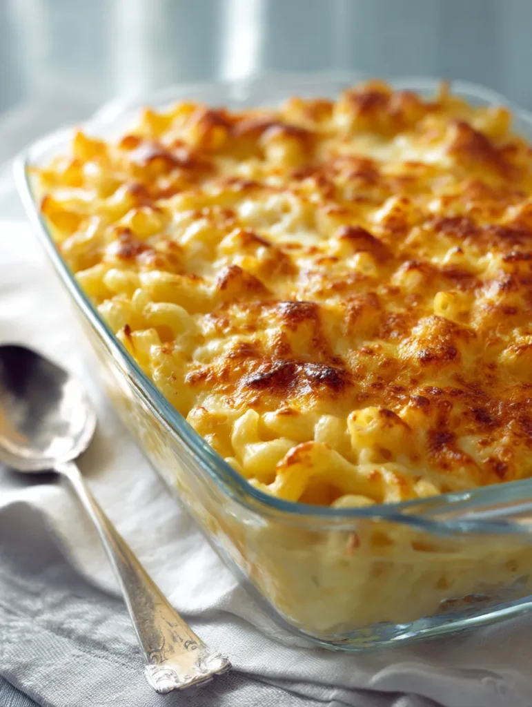 A close-up shot of baked macaroni and cheese in a clear glass casserole dish, with a golden-brown bubbly top.