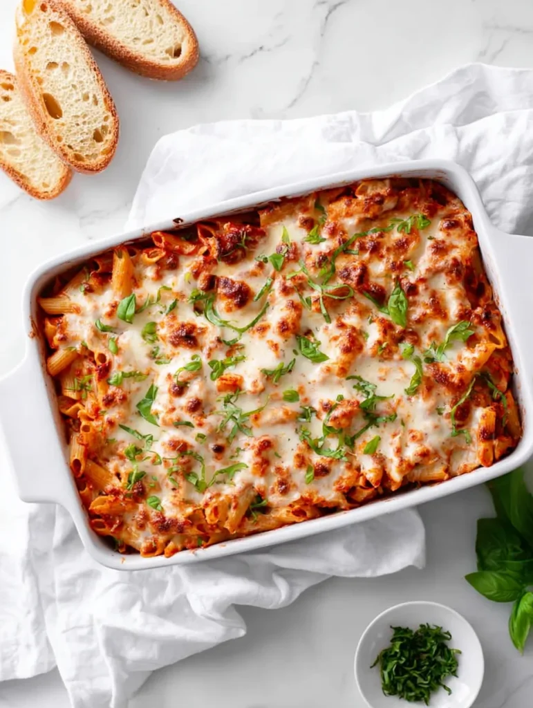 An appetizing baked pasta casserole with melted cheese, basil, and green onions, served with toasted bread on a white marble surface.