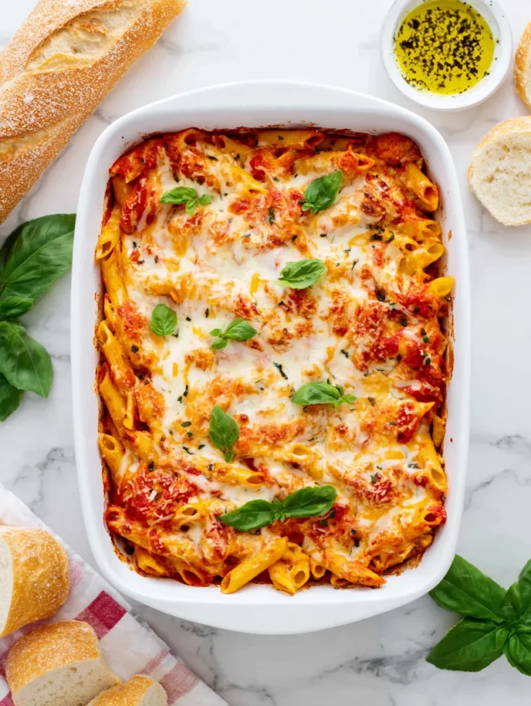 A rectangular white baking dish filled with baked penne pasta, bubbling with melted mozzarella and red sauce, garnished with fresh basil. Slices of baguette, herbs in oil, and more basil surround it on a white surface.