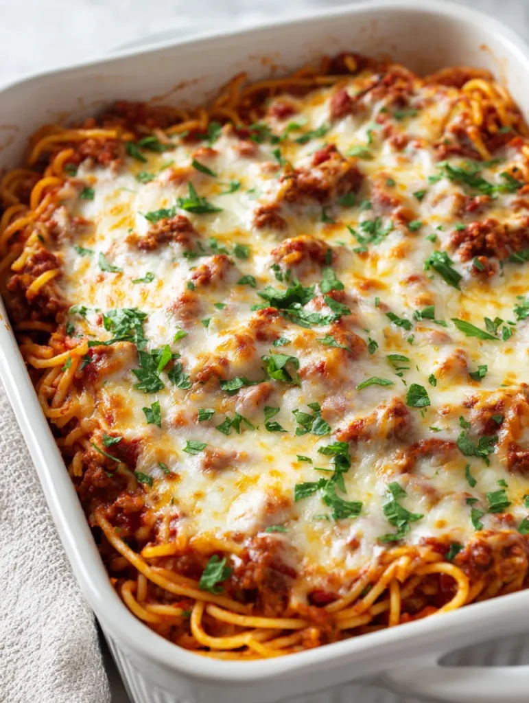 A white ceramic baking dish filled with baked spaghetti casserole, topped with melted golden cheese and green herbs.