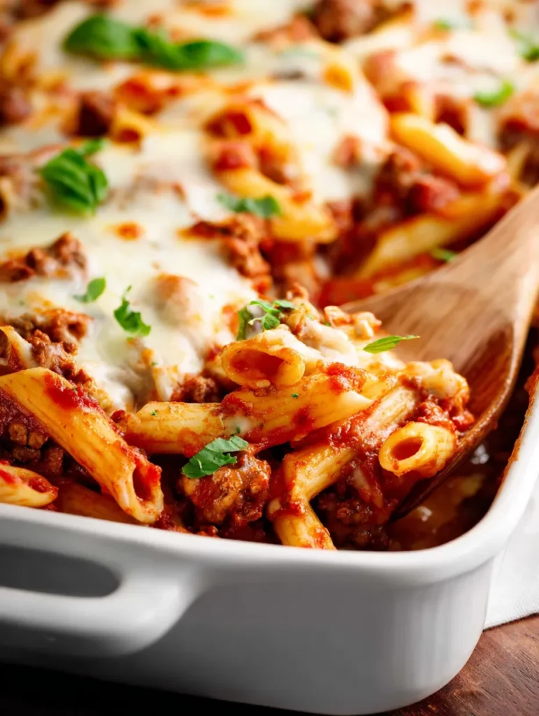 Close-up of baked ziti in a white dish, rich with red sauce, melted cheese, and fresh basil, with a wooden spoon.
