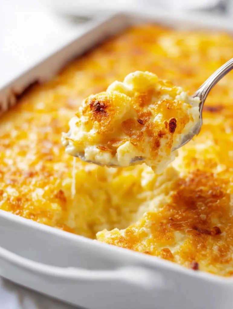 A close-up of a spoon lifting a creamy, cheesy potato casserole with a golden brown crispy topping from a white baking dish.