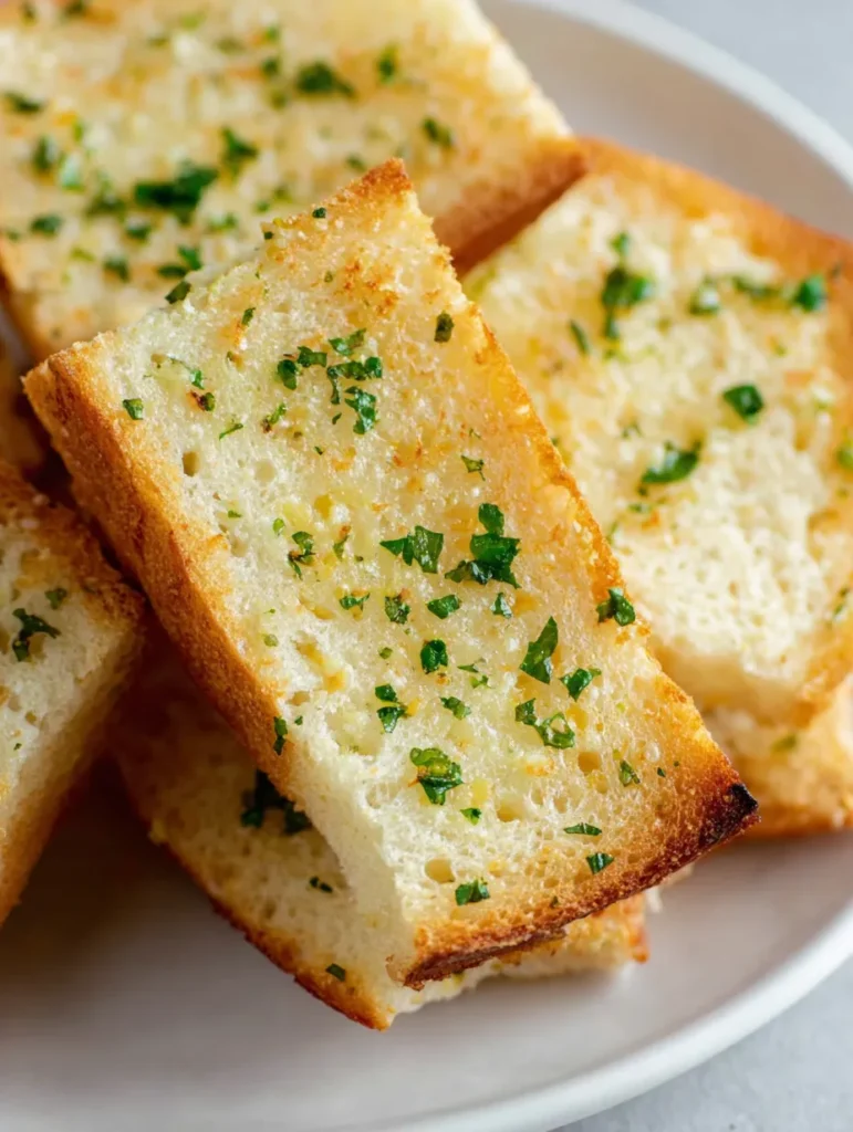 Close-up of golden-brown garlic bread slices topped with melted butter and green parsley on a white plate.
