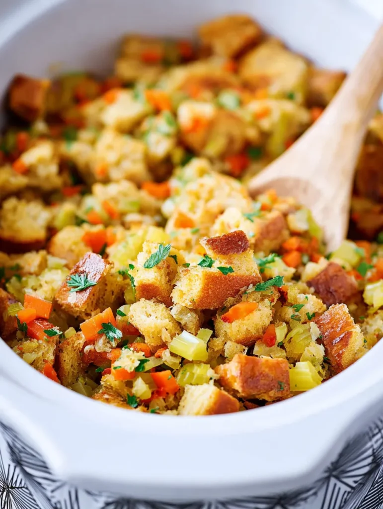 Close-up of golden-brown stuffing with celery, carrots, and herbs in a white Crock-Pot, with a wooden spoon.