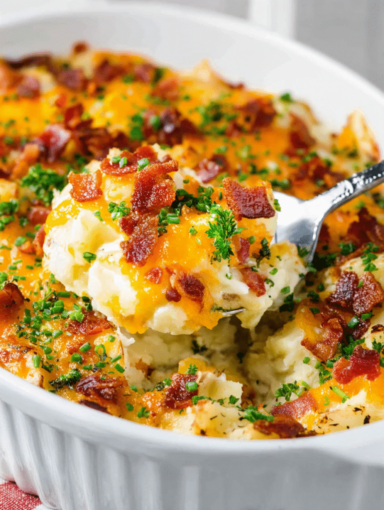 Close-up of a loaded baked potato casserole with melted cheddar, beef , and herbs, being served with a spoon.