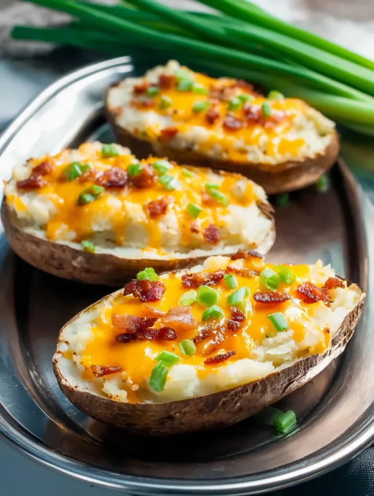 Three loaded baked potato skins with melted cheese, bacon, and green onions on a silver platter, with green onions blurred in the background.