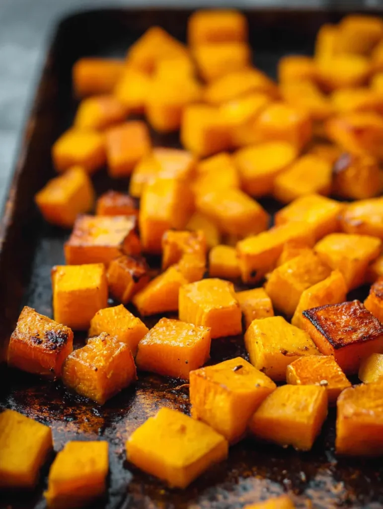 A close-up of beautifully roasted butternut squash cubes with golden orange colors on a dark baking sheet.