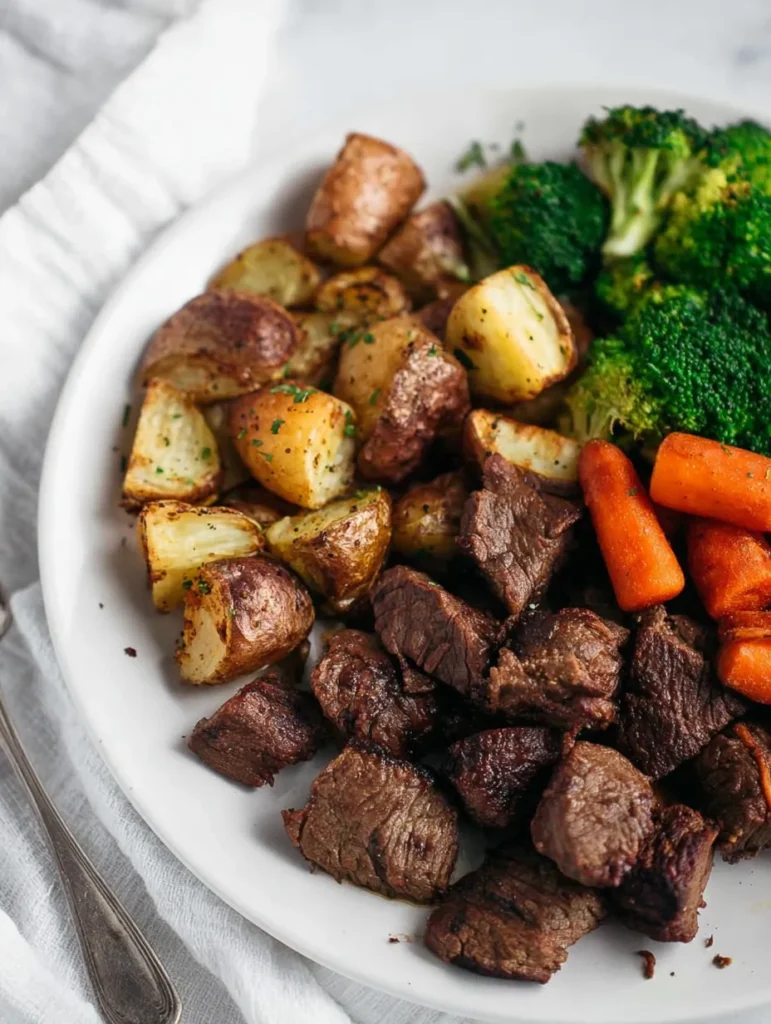 A close-up overhead view of a white plate with neatly arranged steak bites, roasted potatoes, broccoli, and carrots.