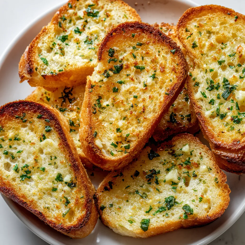 Close-up of golden-brown garlic bread slices with butter and parsley on a white plate.