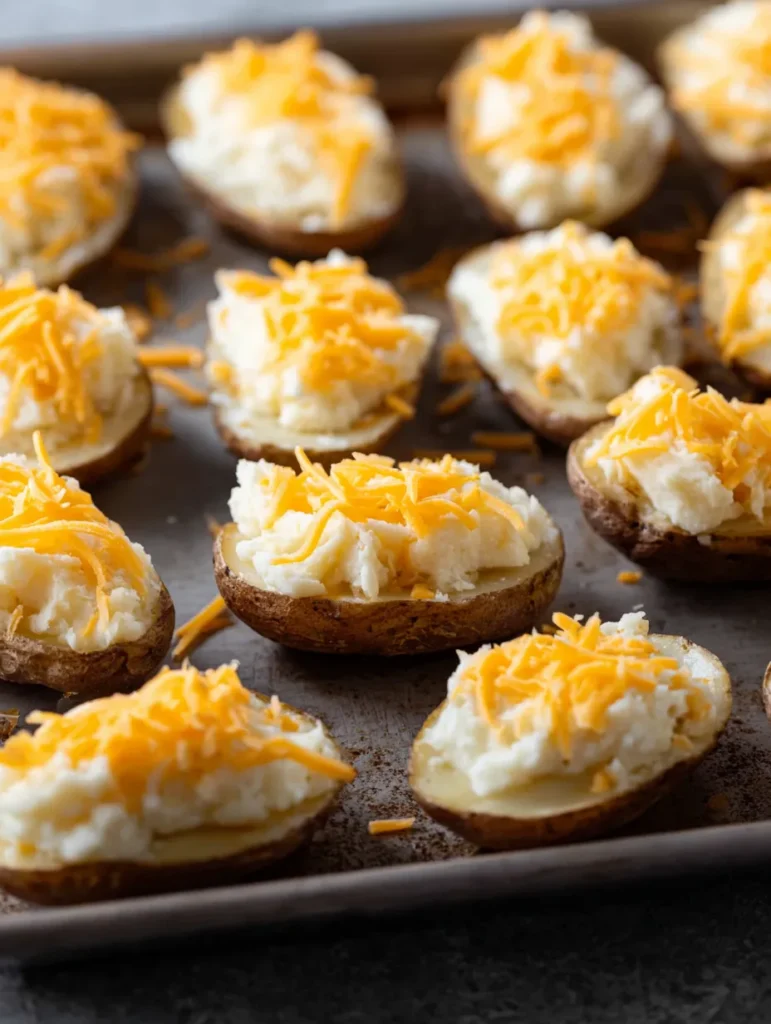 Twice-baked potato halves filled with mashed potatoes and topped with shredded cheddar cheese on a dark baking sheet.