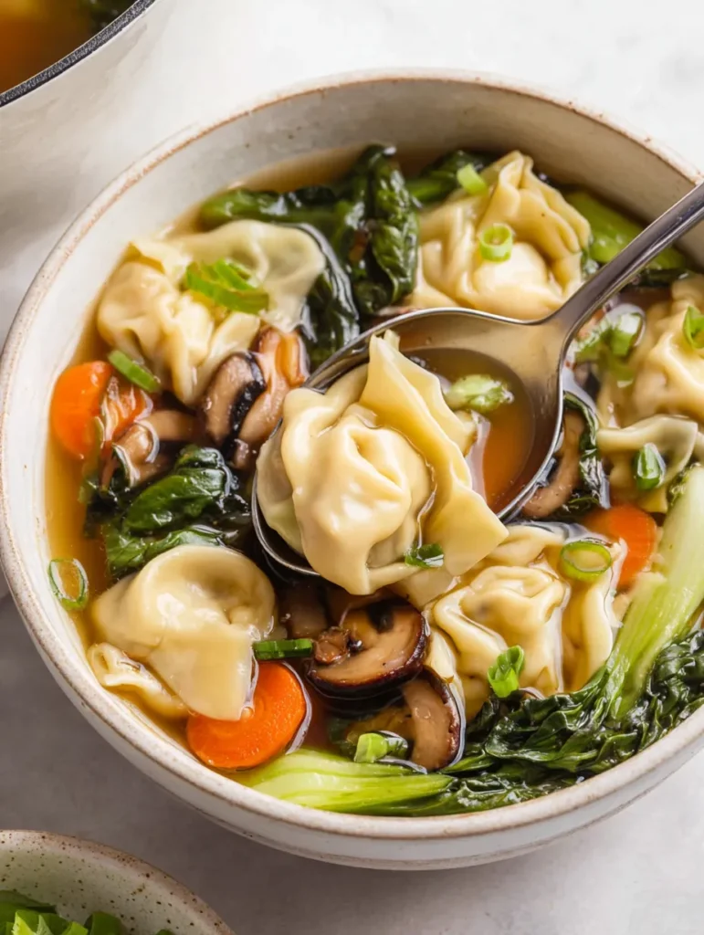 A close-up of a rustic ceramic bowl filled with steaming wonton soup, featuring dumplings, bok choy, mushrooms, carrots, and scallions. A spoon lifts a wonton.