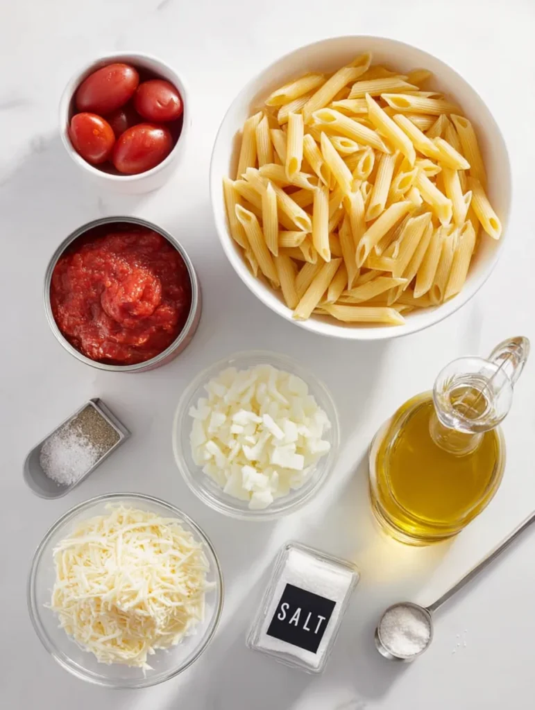 An overhead flat lay of pasta ingredients: dry penne, canned tomatoes, shredded cheese, garlic, onion, olive oil, salt, and Parmesan.