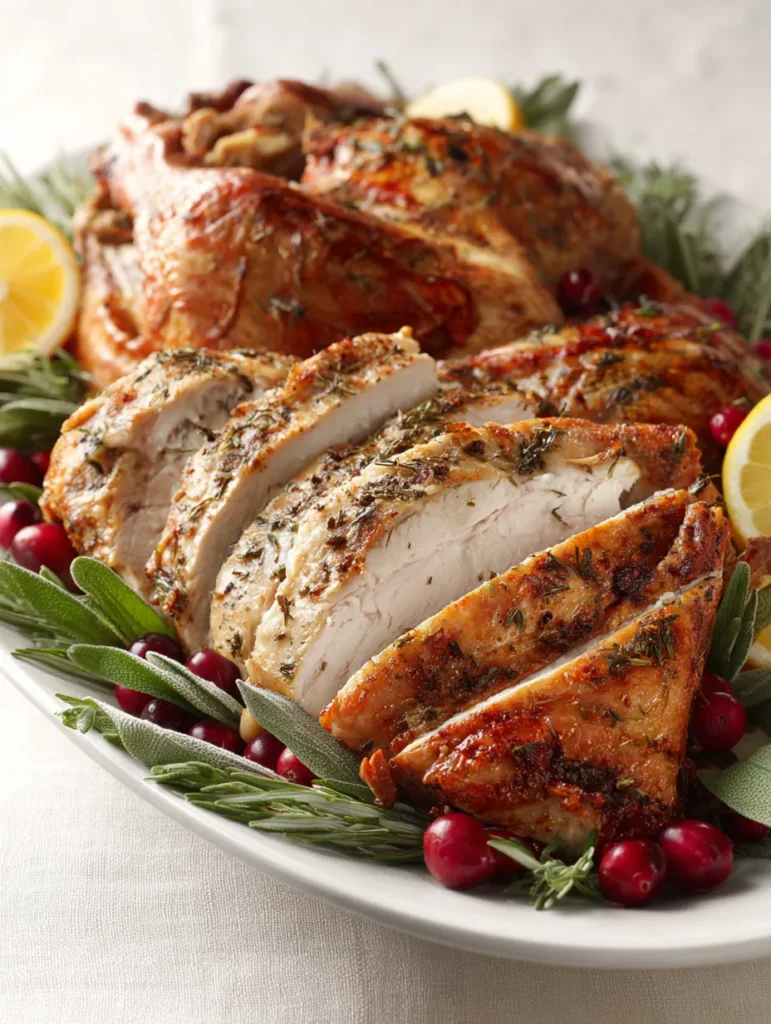 A platter of beautifully carved roasted turkey, garnished with fresh rosemary, sage, cranberries, and lemon slices on a white background.