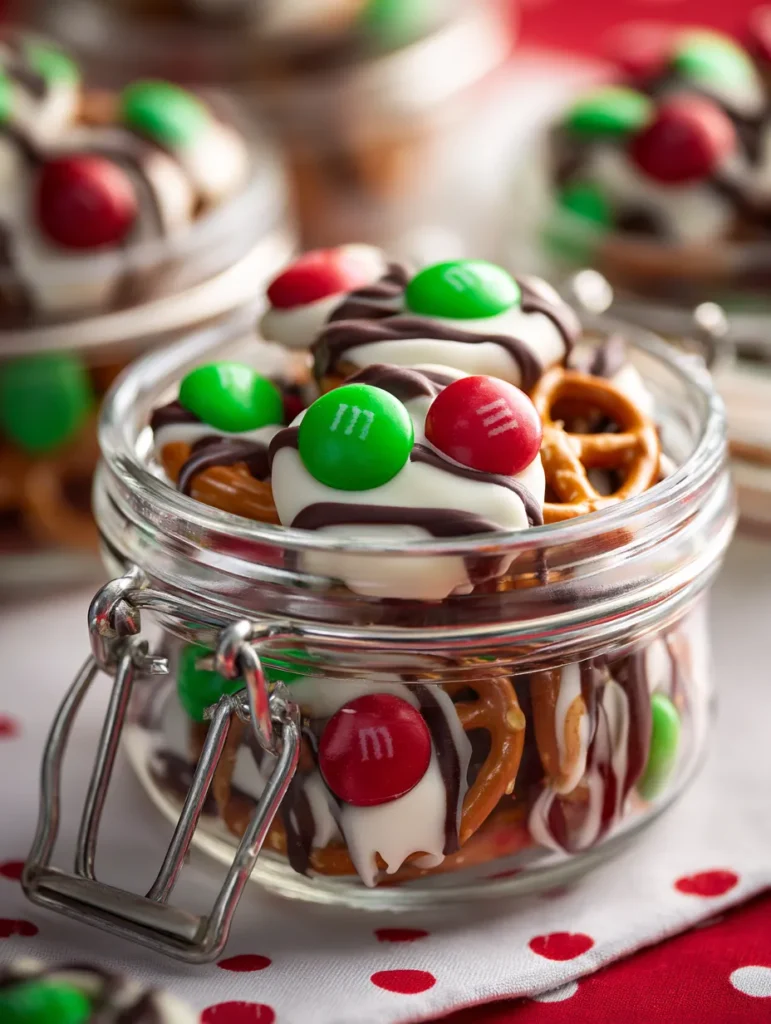 A clear glass jar filled with festive Christmas pretzel treats, each coated in white chocolate, striped with dark chocolate, and topped with red or green M&Ms, on a white and red polka dot surface.