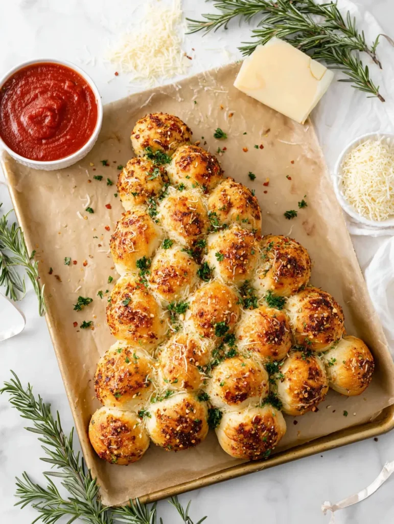 An overhead view of a golden-baked pull-apart bread shaped like a Christmas tree, garnished with herbs, on a baking sheet with marinara sauce and parmesan cheese nearby.