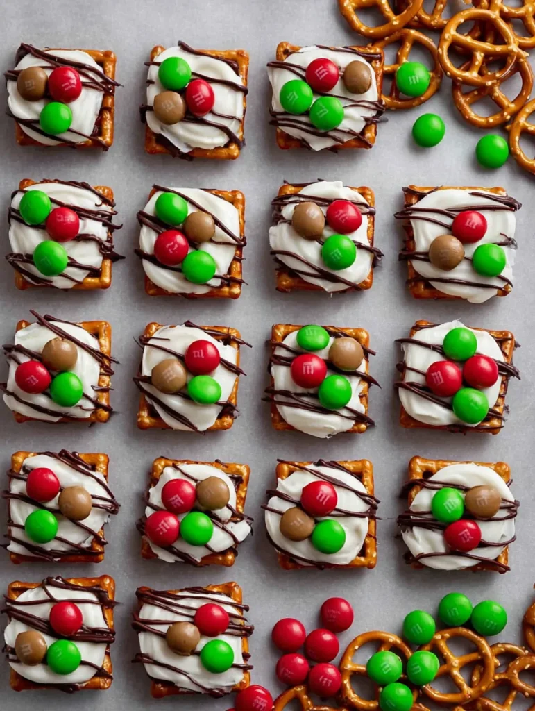 An overhead view of square pretzel treats with white frosting, chocolate drizzles, and red and green M&M's, arranged on parchment paper with some loose pretzels and candies.
