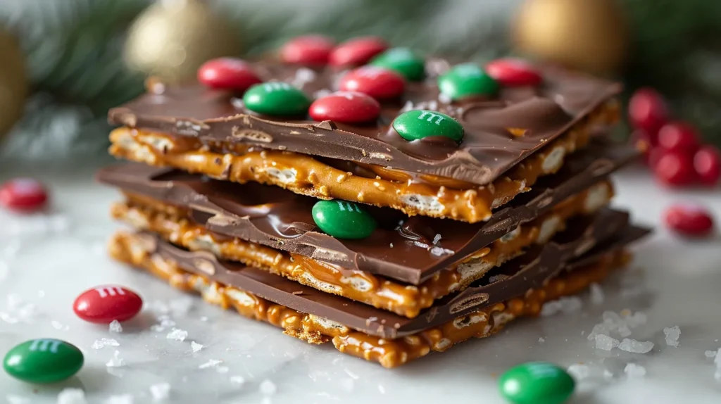 A close-up stack of chocolate-covered toffee bark with red and green M&M candies, on a white background.