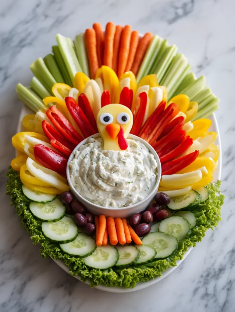 A festive turkey-shaped vegetable platter featuring red and yellow bell peppers, carrots, cucumbers, celery, lettuce, and olives, surrounding a dip-filled center.