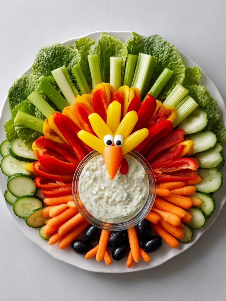 A festive turkey-shaped vegetable platter featuring lettuce, celery, cucumbers, bell peppers, carrots, and an edible dip turkey.