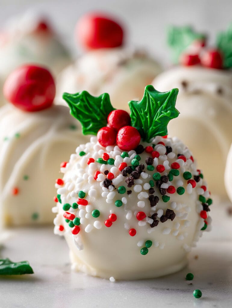 Close-up of white cake pops decorated with red, green, and white holiday sprinkles, with a glossy green holly leaf accent.